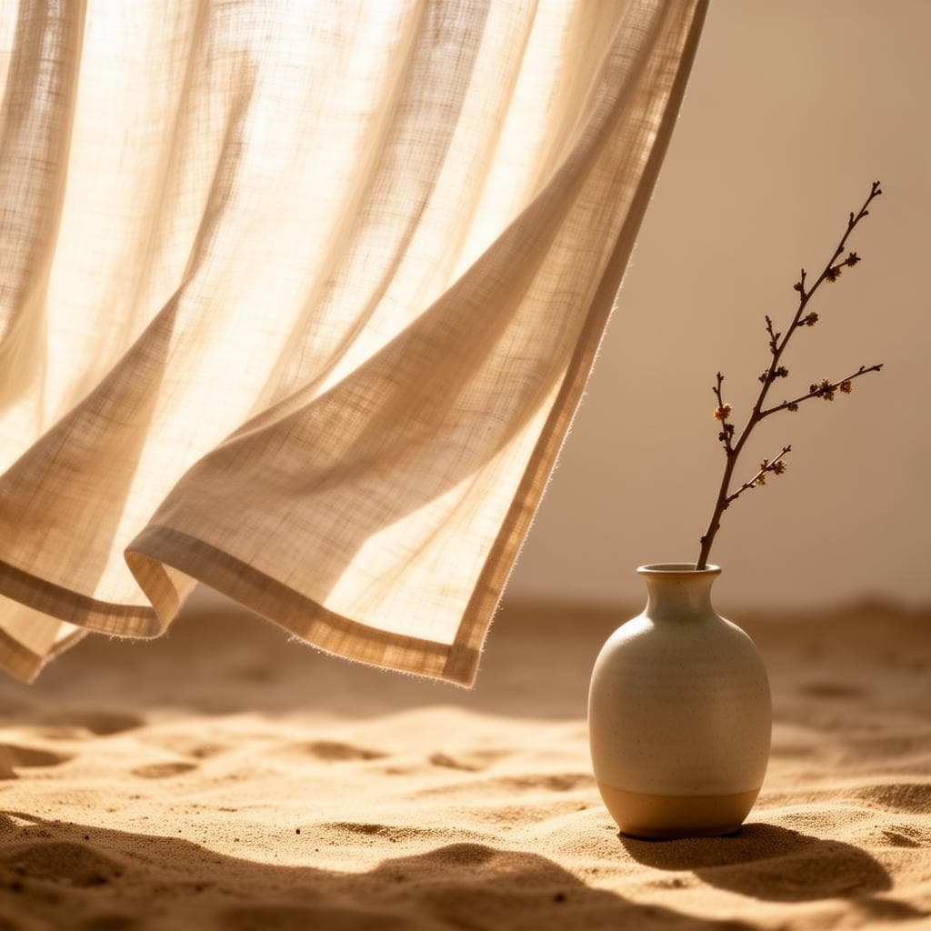 Sunlit linen curtain drifting beside a small ceramic vase